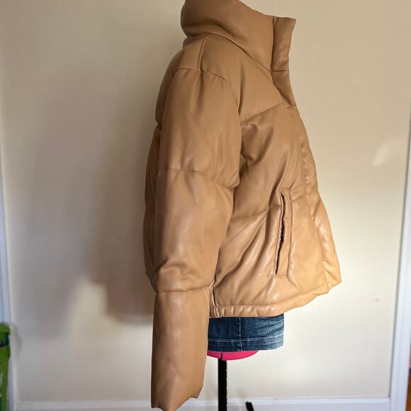 Abercrombie | The A&F Mini Puffer Jacket Tan Faux Leather Winter Coat | Size XL - Picture 5 of 7